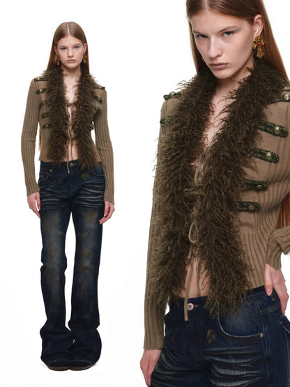 Vintage British Style Napoleon Patchwork Pitted Stripe Wool Collar Knit Cardigan【s0000019022】