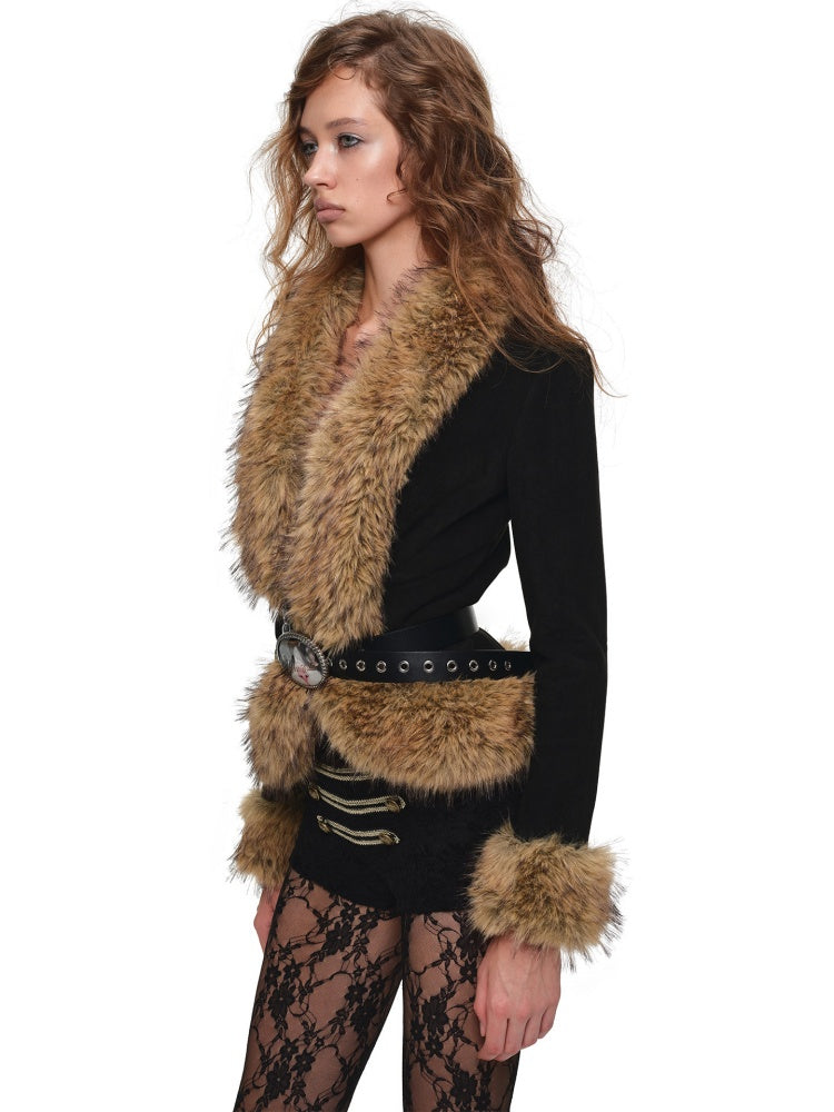 Vintage Leather Belt Slim Large Fur Collar Short Coat【s0000019023】