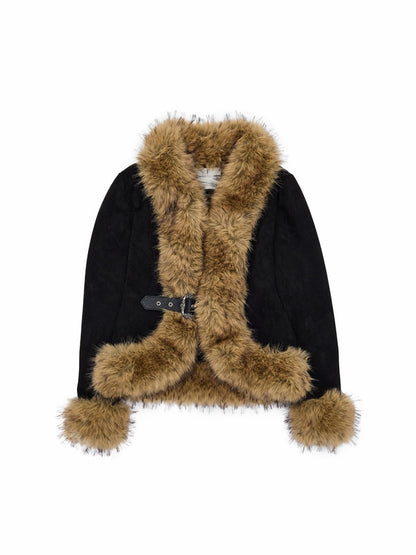 Vintage Leather Belt Slim Large Fur Collar Short Coat【s0000019023】