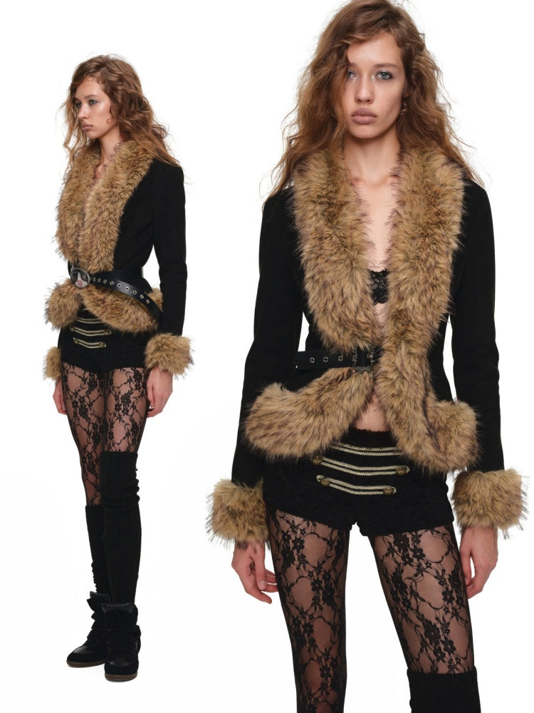 Vintage Leather Belt Slim Large Fur Collar Short Coat【s0000019023】