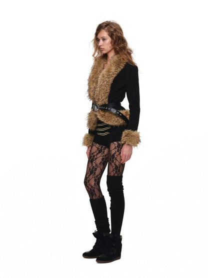 Vintage Leather Belt Slim Large Fur Collar Short Coat【s0000019023】