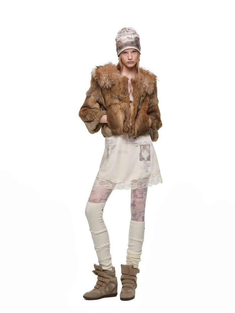 Rabbit Hair Patchwork Raccoon Fur Collar 8/4 Sleeve Short Jacket【s0000019024】