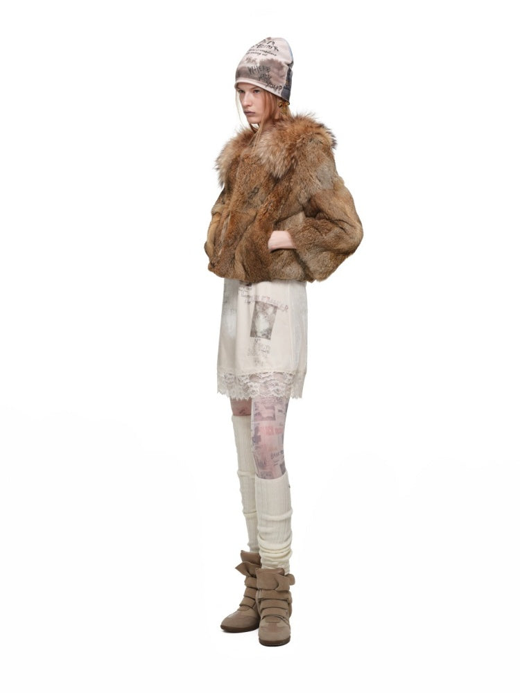 Rabbit Hair Patchwork Raccoon Fur Collar 8/4 Sleeve Short Jacket【s0000019024】