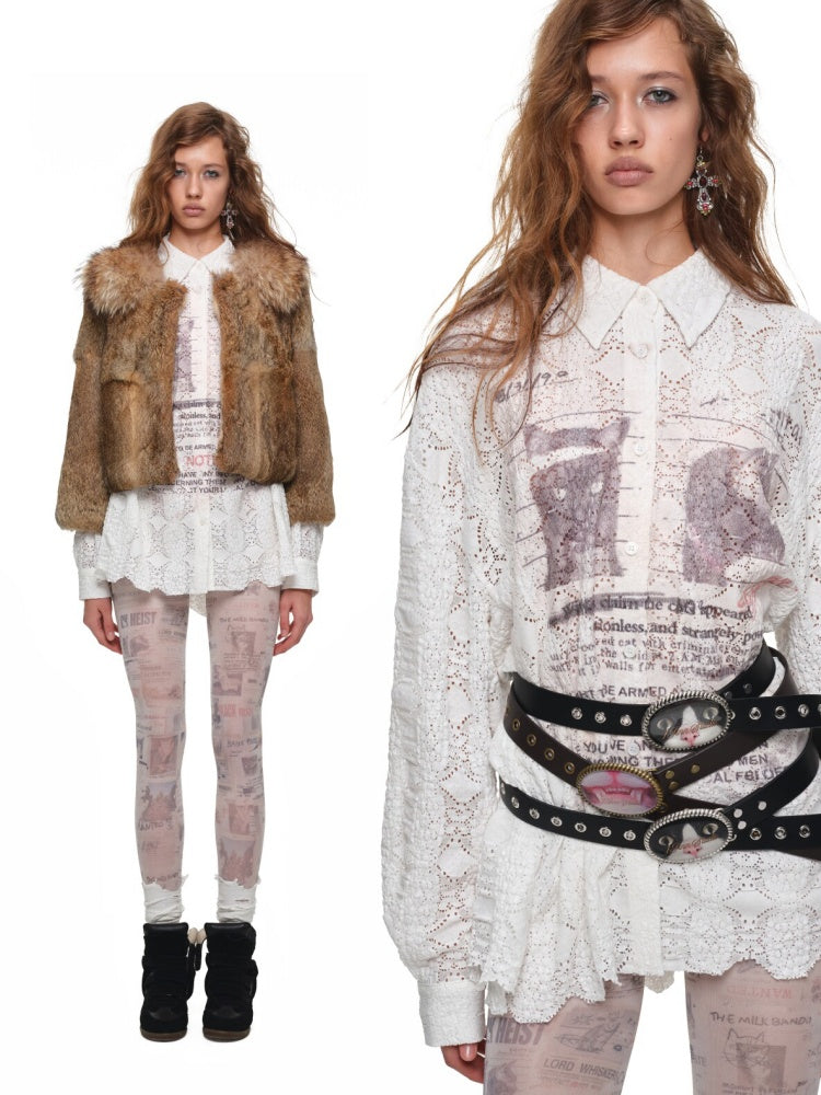 Rabbit Hair Patchwork Raccoon Fur Collar 8/4 Sleeve Short Jacket【s0000019024】