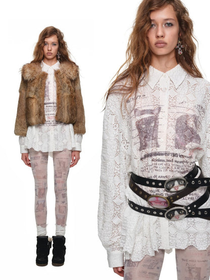 Rabbit Hair Patchwork Raccoon Fur Collar 8/4 Sleeve Short Jacket【s0000019024】
