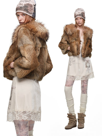 Rabbit Hair Patchwork Raccoon Fur Collar 8/4 Sleeve Short Jacket【s0000019024】