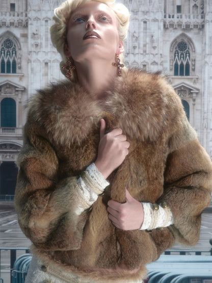 Rabbit Hair Patchwork Raccoon Fur Collar 8/4 Sleeve Short Jacket【s0000019024】