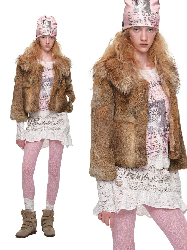 Rabbit Hair Patchwork Raccoon Fur Collar 8/4 Sleeve Short Jacket【s0000019024】