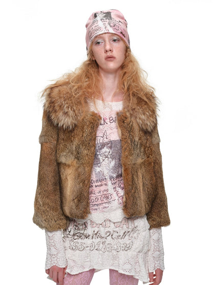 Rabbit Hair Patchwork Raccoon Fur Collar 8/4 Sleeve Short Jacket【s0000019024】