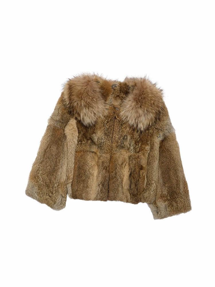 Rabbit Hair Patchwork Raccoon Fur Collar 8/4 Sleeve Short Jacket【s0000019024】