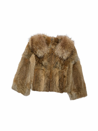 Rabbit Hair Patchwork Raccoon Fur Collar 8/4 Sleeve Short Jacket【s0000019024】