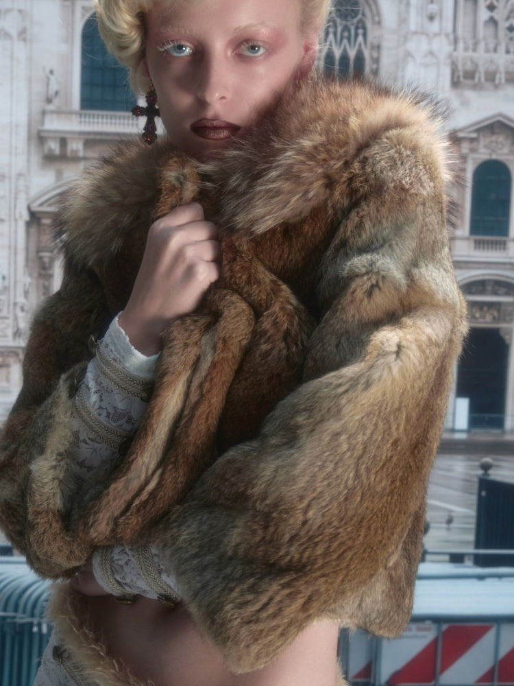 Rabbit Hair Patchwork Raccoon Fur Collar 8/4 Sleeve Short Jacket【s0000019024】