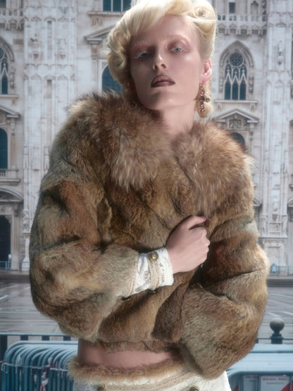 Rabbit Hair Patchwork Raccoon Fur Collar 8/4 Sleeve Short Jacket【s0000019024】