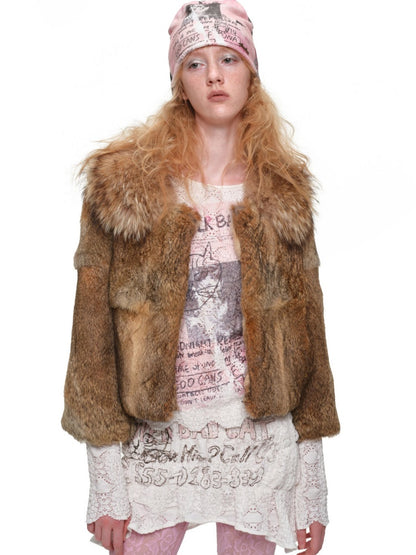 Rabbit Hair Patchwork Raccoon Fur Collar 8/4 Sleeve Short Jacket【s0000019024】