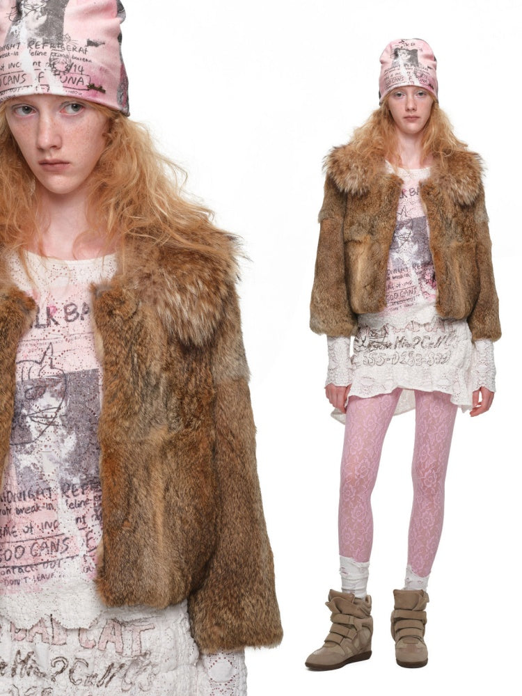 Rabbit Hair Patchwork Raccoon Fur Collar 8/4 Sleeve Short Jacket【s0000019024】