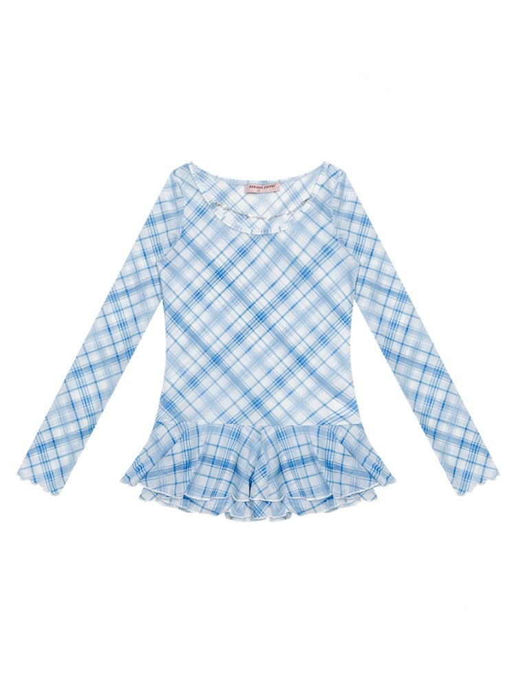 Semi Sheer Blue Plaid Hem Ruffles Long Sleeve T-Shirt【s0000011922】