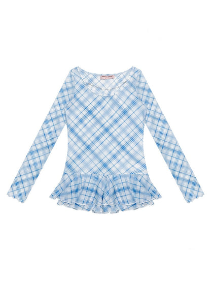 Semi Sheer Blue Plaid Hem Ruffles Long Sleeve T-Shirt【s0000011922】