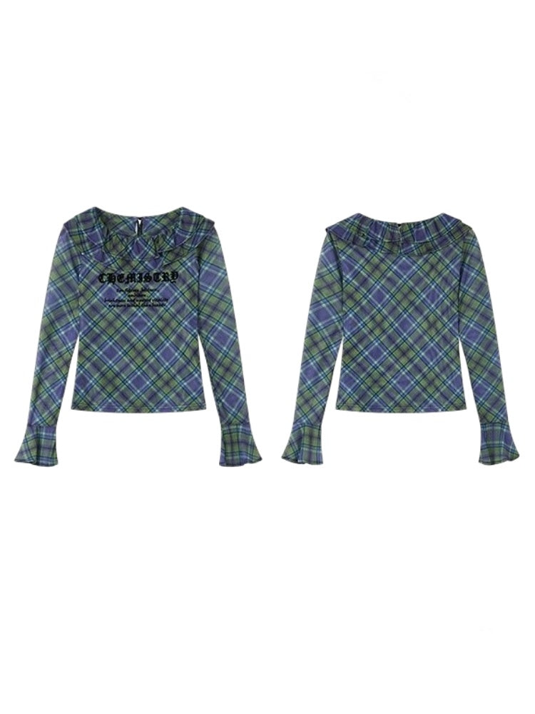 Chemistry Message Print Ruffle Check Long Sleeve T-Shirt【s0000011899】