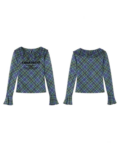 Chemistry Message Print Ruffle Check Long Sleeve T-Shirt【s0000011899】