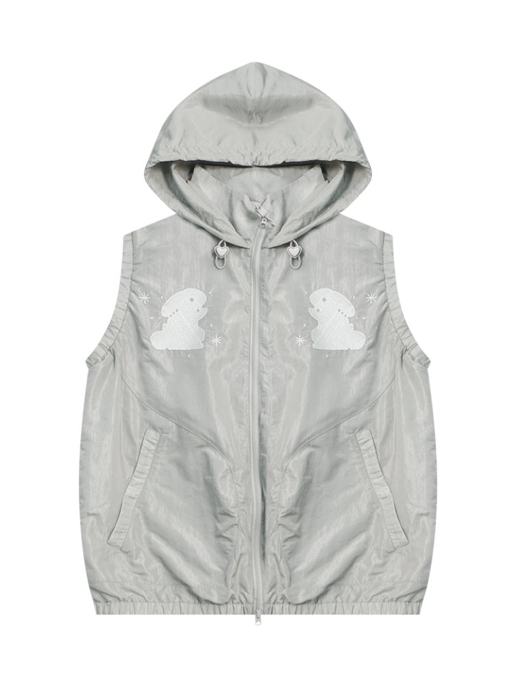 Rabbit Embroidery Sports Style Double-Zip Hooded Vest【s0000011913】