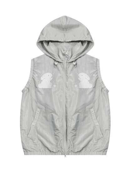 Rabbit Embroidery Sports Style Double-Zip Hooded Vest【s0000011913】