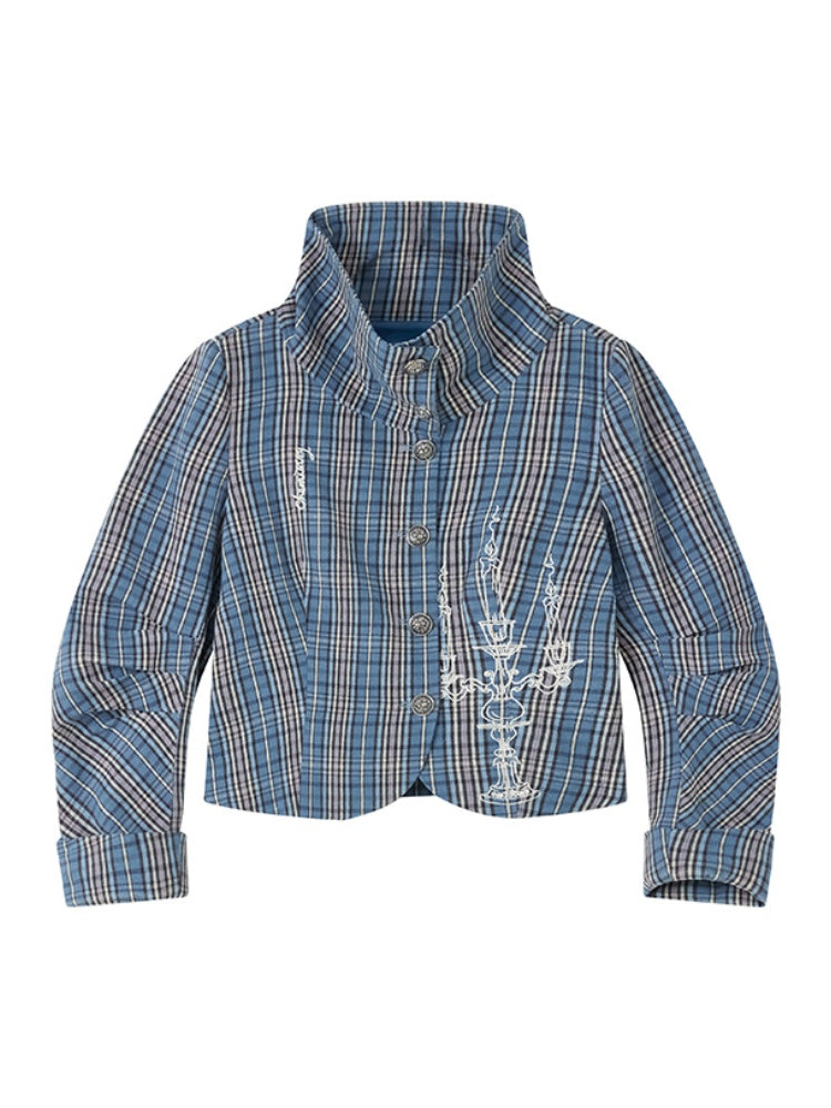 Candlesticks Embroidered Stacked Collar Plaid Short Jacket【s0000011909】