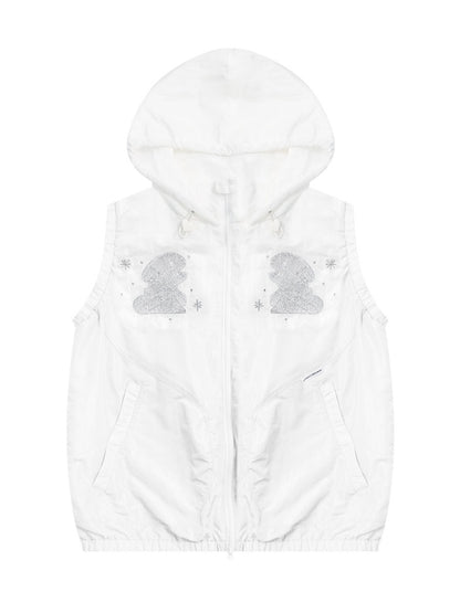 Rabbit Embroidery Sports Style Double-Zip Hooded Vest【s0000011913】