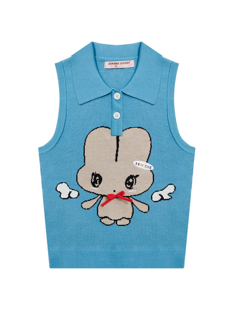 Cartoon Pattern Bow Polo Neck Knitted Vest【s0000011920】