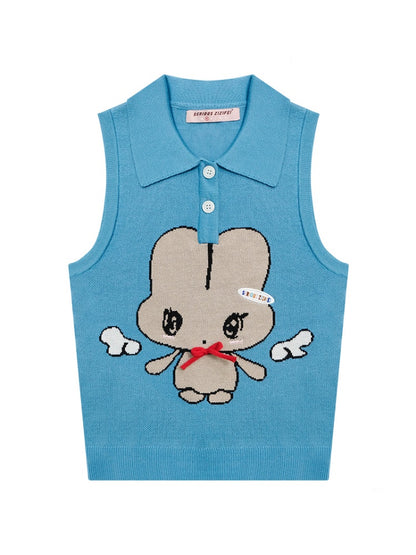 Cartoon Pattern Bow Polo Neck Knitted Vest【s0000011920】