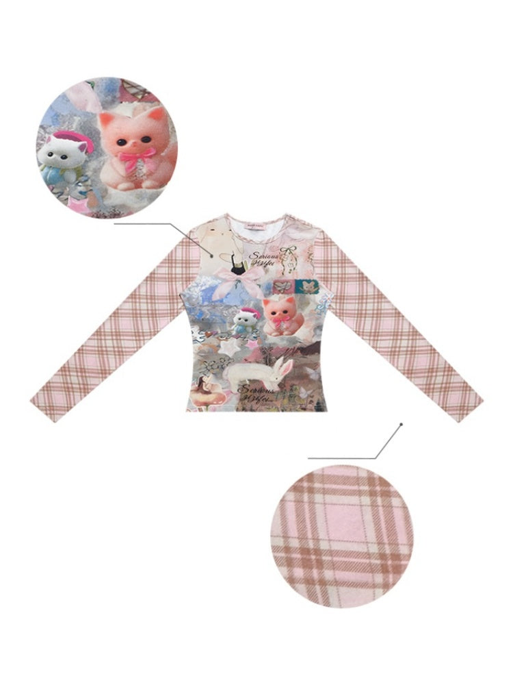 Pink Check Rabbit Print Slim Long Sleeved T-Shirt【s0000011921】