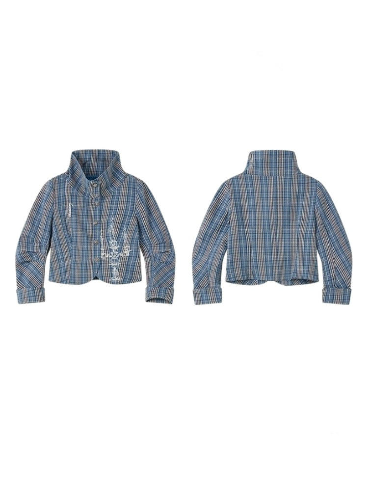 Candlesticks Embroidered Stacked Collar Plaid Short Jacket【s0000011909】