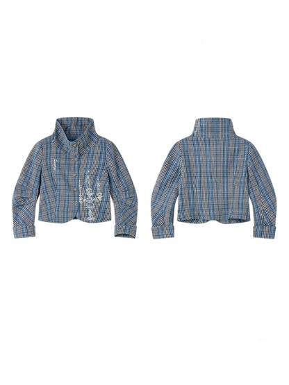 Candlesticks Embroidered Stacked Collar Plaid Short Jacket【s0000011909】