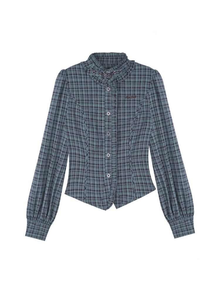 Stand collar Neck Belt Checkered Ruffle Long Sleeve Shirt【s0000011927】
