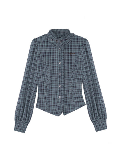 Stand collar Neck Belt Checkered Ruffle Long Sleeve Shirt【s0000011927】