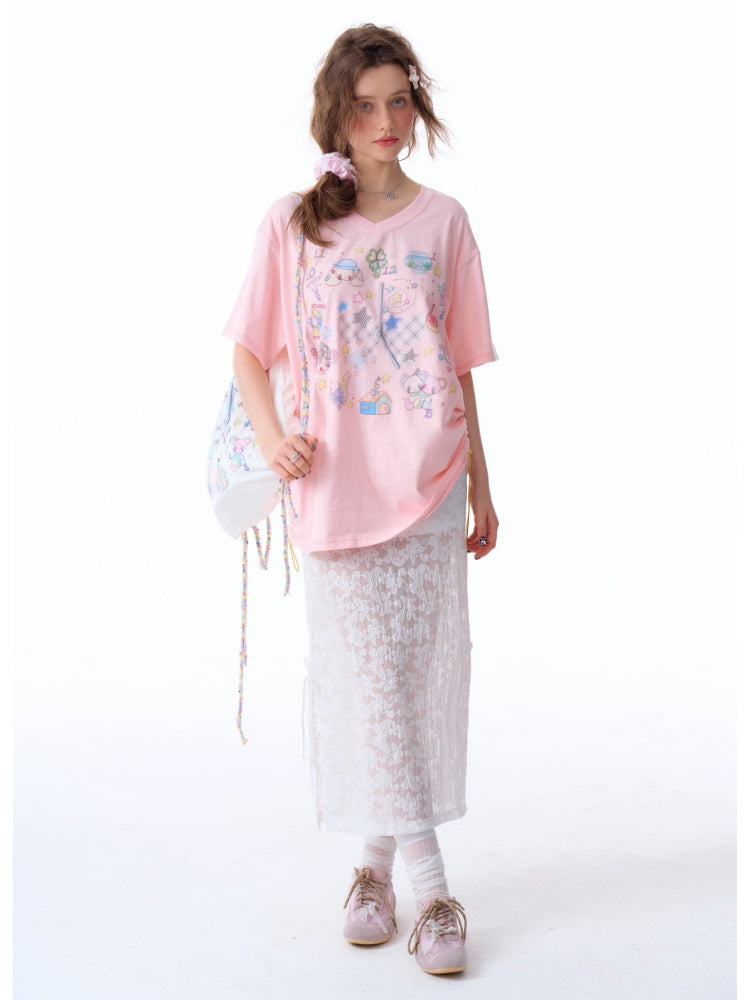 Cartoon Print Pattern V-Neck Short Sleeve T-Shirt【s0000011914】