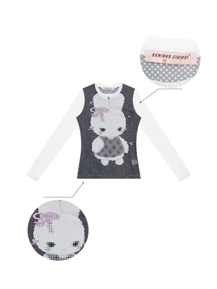 Pixel Rabbit Print Crew Neck Long Sleeve T-Shirt【s0000011917】