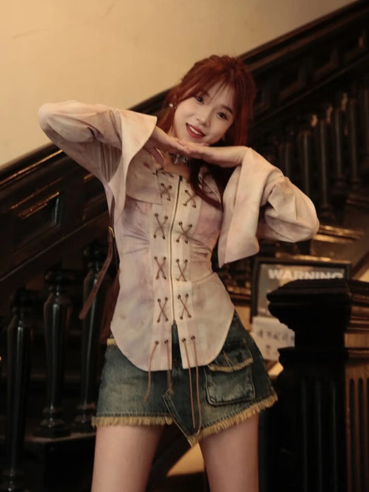 Lace-Up Tie-Dye Retro Slim Blouse【s0000004013】