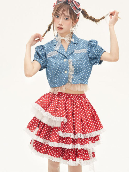 Polka dot lace ruffled tiered skirt【s0000001878】