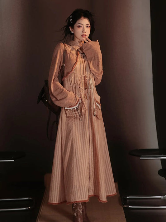 Lace-Frill Retro Drawstring Stripe Drawstring One-Piece【s0000004025】