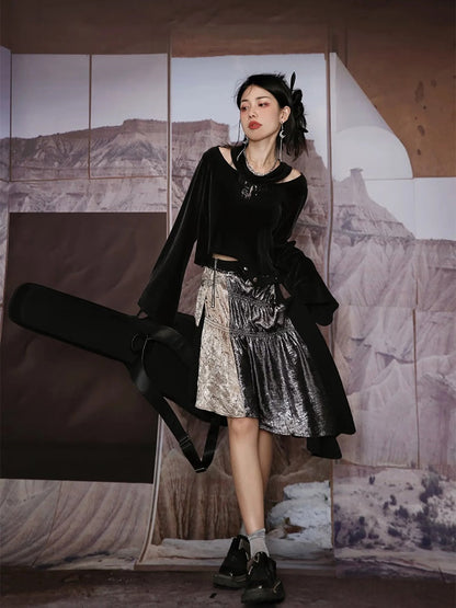 Velvet Metallic Glossy Nichi Cutsew Body-Suit Skirt【s0000004008】 