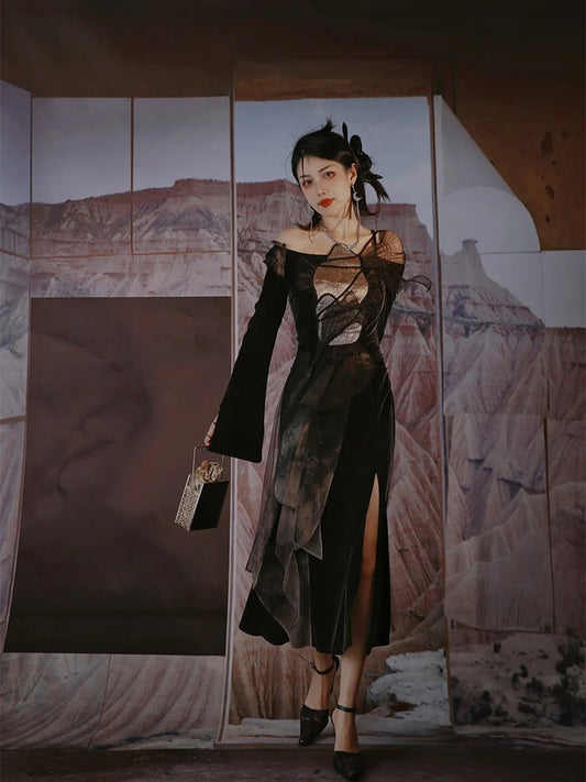 Velvet Tie-Dye Metallic Elegant Sheer One-Piece【s0000004009】