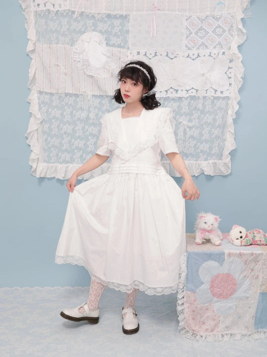Embroidered lace white dress【s0000007743】