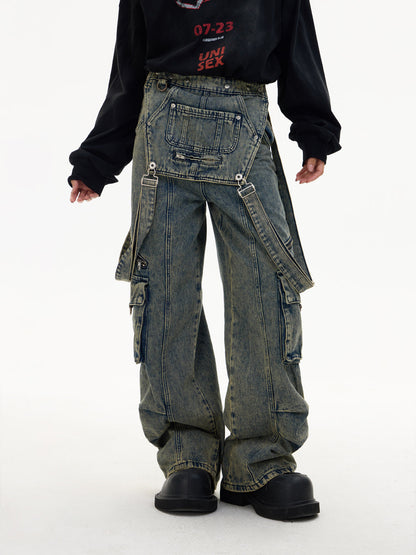 Detachable Suspender Washed Multi-pocket Cargo Jeans【s0000004185】