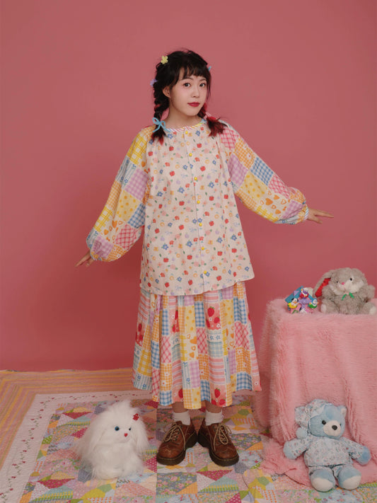Floral Plaid Patchwork Showa Cute Doll Shirt Shirt Half Skirt Set【s0000004305】