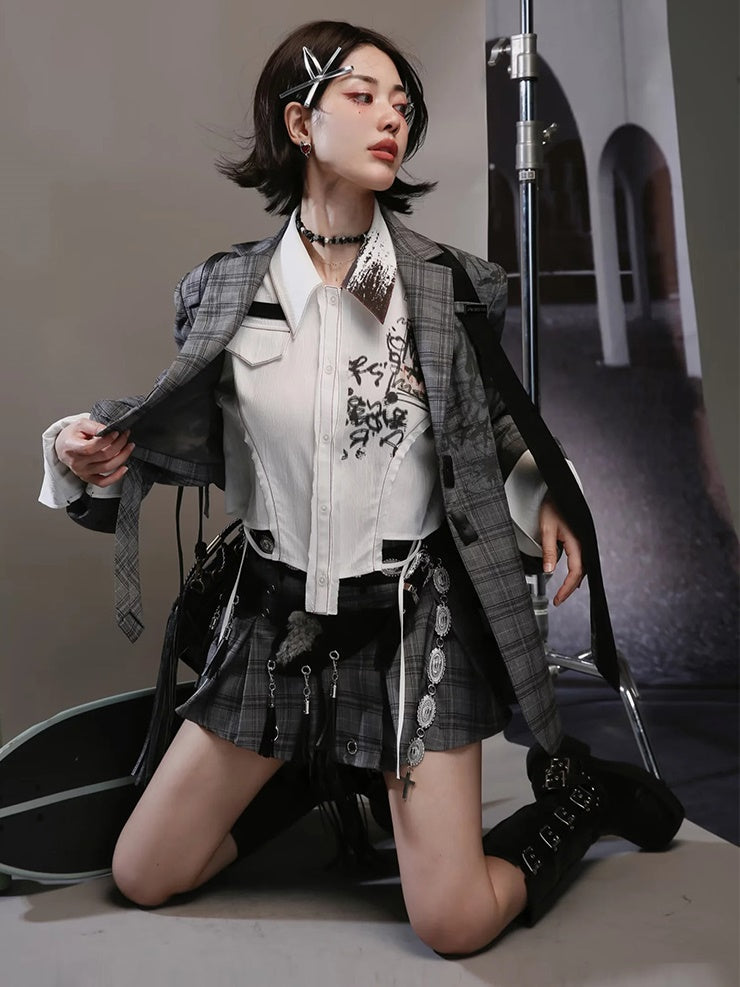 Graffiti Printed Plaid Loose Jacket ＆ Pleated Culottes & Vest ＆ Belt【s0000004001】