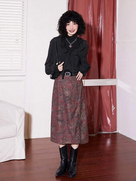 Red vintage print A-line skirt【s0000005534】