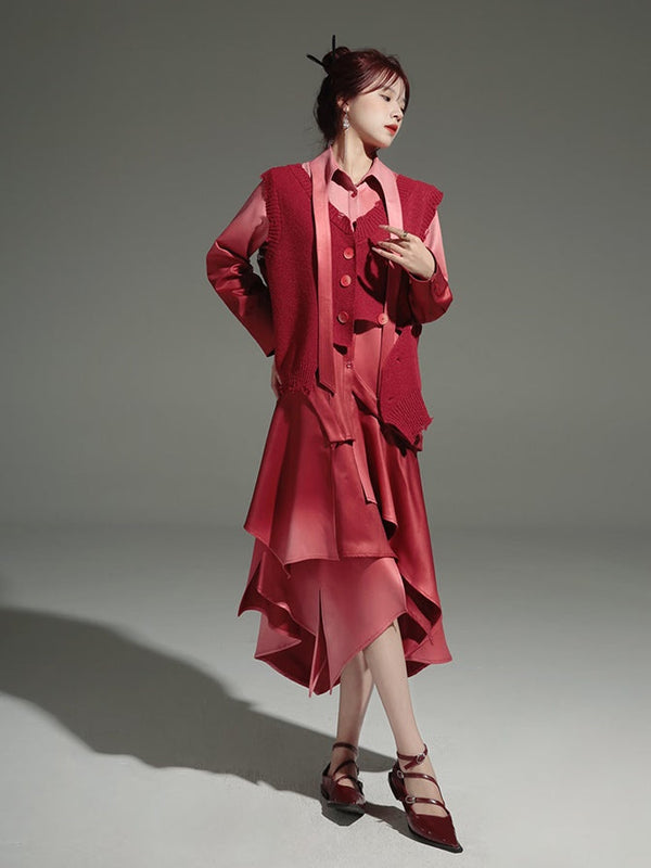 Gradation Detachable 2way Shirt Dress & Knitted Vest [s0000004235]