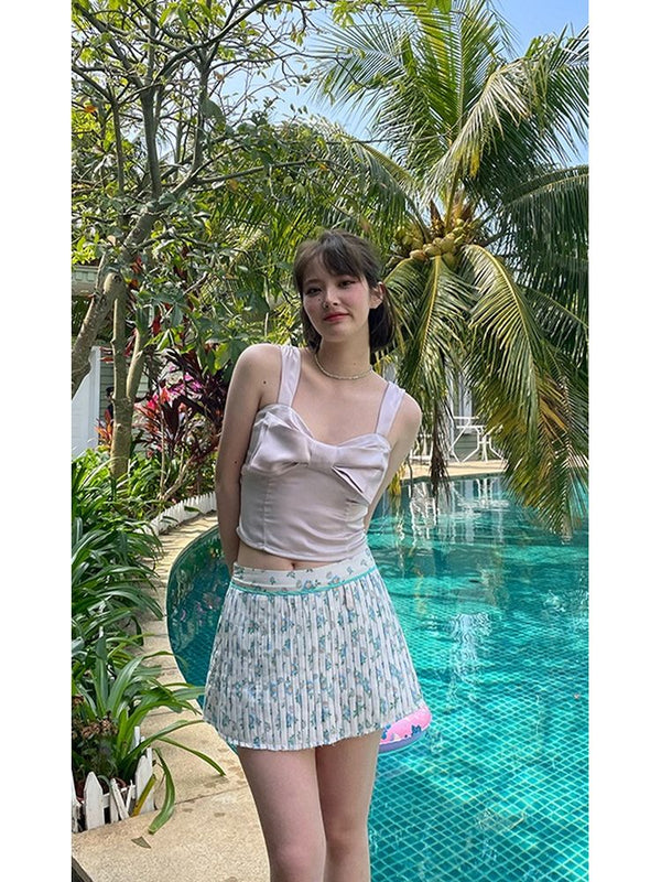 Silver pink bow satin camisole【s0000001717】