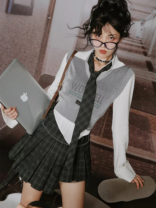 College British Style Shirt &amp;&amp;Vest &amp; Pleated Culottes &amp; Jacket【s0000003992】