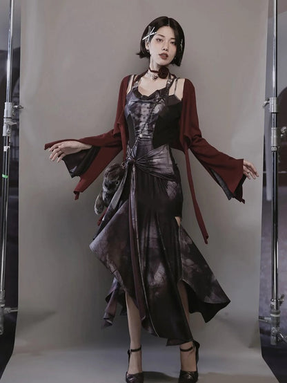 Butterfly Print Halterneck Dress &amp; Flare Sleeve Cardigan【s0000003999】